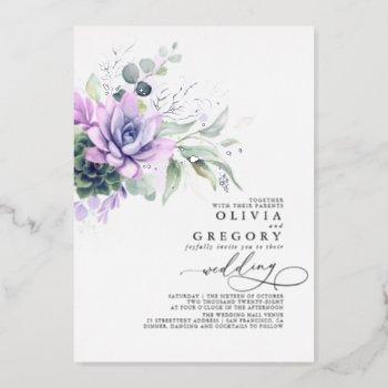 elegant boho succulents silver greenery wedding foil invitation
