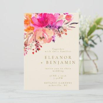 elegant bright pink watercolor floral wedding invitation