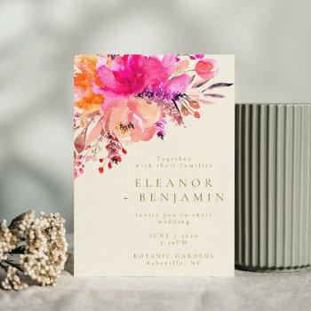 elegant bright pink watercolor floral wedding invitation