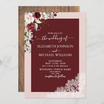 elegant burgundy blush botanical rustic wedding  invitation