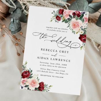 elegant burgundy blush floral greenery wedding invitation