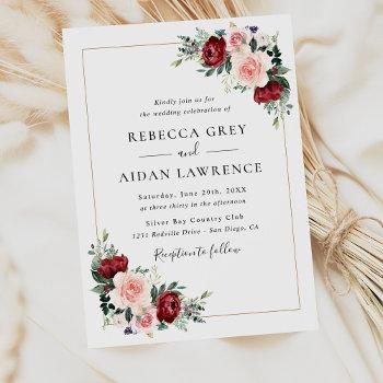elegant burgundy blush greenery floral wedding invitation