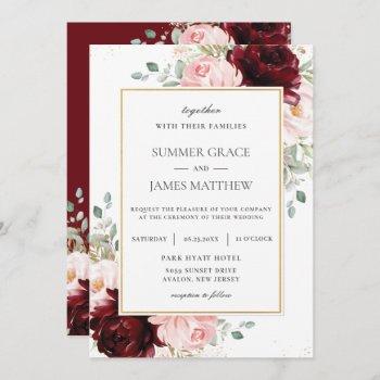 elegant burgundy blush pink roses floral wedding   invitation