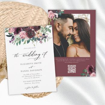 elegant burgundy blush qr code photo wedding  invitation