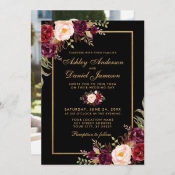 elegant burgundy floral wedding black gold photo invitation