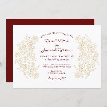 elegant burgundy & golden roses wedding invitation