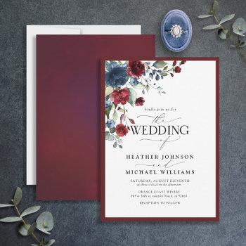 Small Elegant Burgundy & Navy Floral Watercolor Script Front View