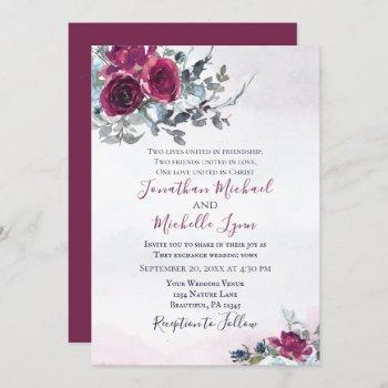 elegant burgundy white roses christian wedding invitation