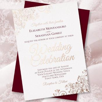 elegant burgundy with rose gold frills wedding foil invitation