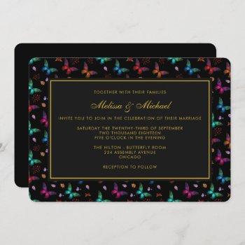 Small Elegant Butterfly Pattern On Black Wedding Invite Front View