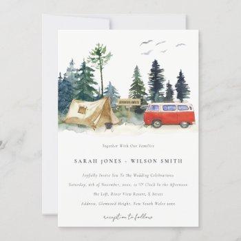 elegant camping watercolor pine forest wedding invitation
