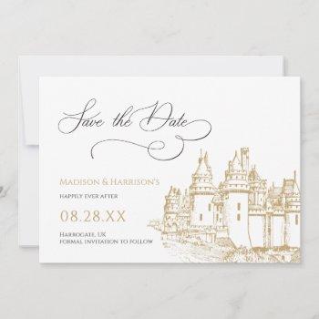 elegant castle once upon a time fairy tale wedding save the date