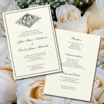 elegant catholic ivory wedding reception combo invitation