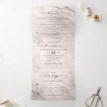 Small Elegant Champagne Pink Marble With Foil Wedding Tri-fold Front View