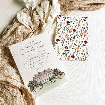 elegant chateau | watercolor english manor wedding invitation