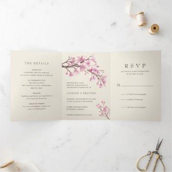 elegant cherry blossom pink floral wedding tri-fold invitation