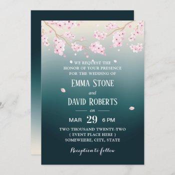elegant cherry blossom teal ombre floral wedding  invitation