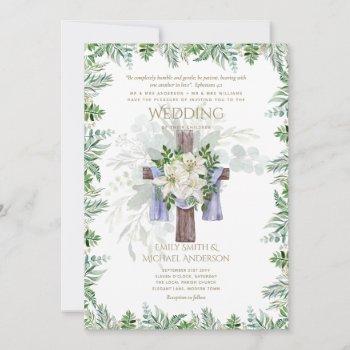 elegant christian white lily rustic cross wedding invitation