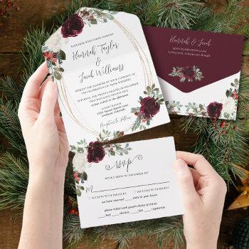 elegant christmas burgundy winter wedding all in one invitation