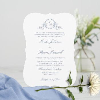 elegant classic monogram dusty blue wedding invitation