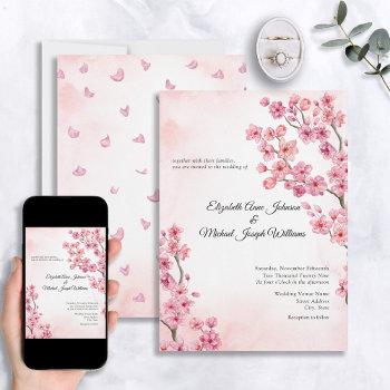 elegant classic pink cherry blossom floral wedding invitation