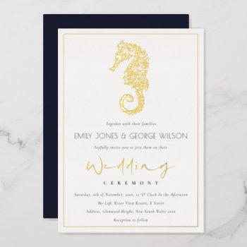 elegant classy gold foil navy seahorse wedding foil invitation