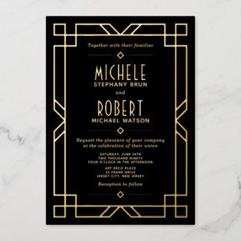 elegant classy modern art deco black wedding gold foil invitation