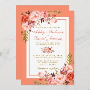 elegant coral floral and gold wedding invitation