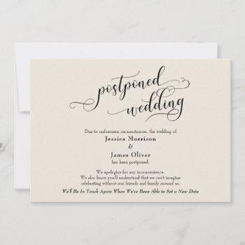 elegant, cream postponed wedding announcement card