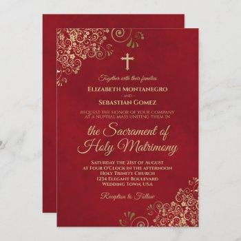 Small Elegant Crimson Red & Gold Modern Catholic Wedding Front View