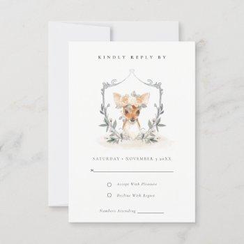 Small Elegant Cute Pastel Deer Floral Crest Wedding Rsvp Front View