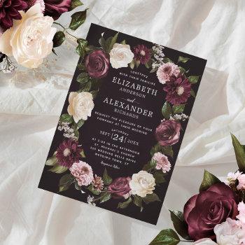 elegant dark moody floral burgundy wedding  invitation