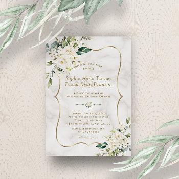 elegant delicate white flowers gold marble wedding invitation