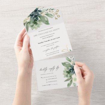 elegant dusky blue green succulent foliage wedding all in one invitation