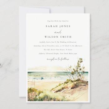 elegant dusky coastal beach sun seascape wedding invitation