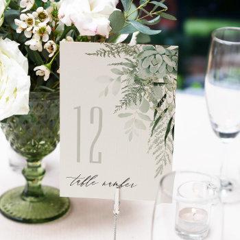 Small Elegant Dusky Leafy Fern Succulent Wedding Table Number Front View