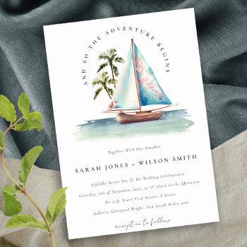 elegant dusky teal sailboat palm seascape wedding  invitation