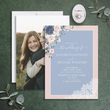 elegant dusty blue blush lace script photo wedding invitation