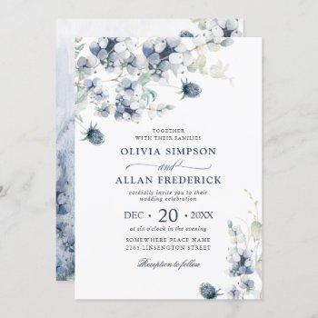 elegant dusty blue boho winter foliage wedding invitation
