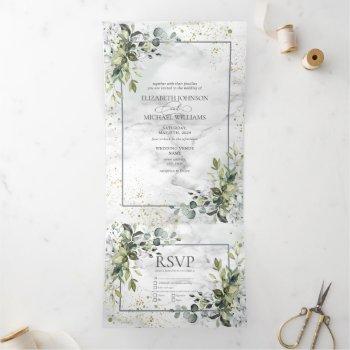 Small Elegant Dusty Blue Eucalyptus Greenery Marble Tri-fold Front View