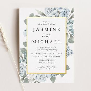 elegant dusty blue floral frame wedding foil invitation