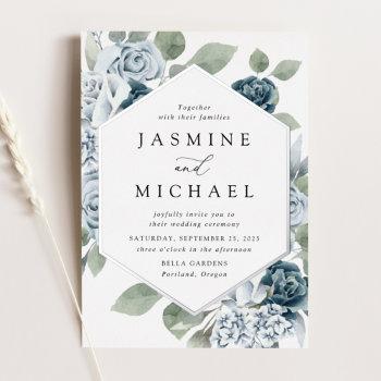 elegant dusty blue floral frame wedding foil invitation