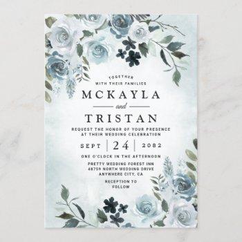 elegant dusty blue floral watercolor navy wedding invitation