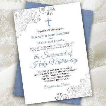 elegant dusty blue & gray modern catholic wedding invitation