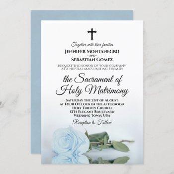 elegant dusty blue rose modern catholic wedding invitation