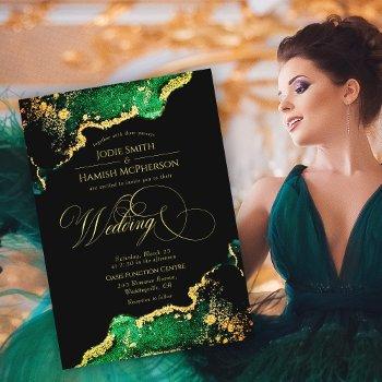 elegant emerald green bronze gold wedding invitation