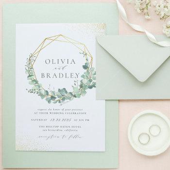 elegant eucalyptus & gold geometric frame wedding invitation