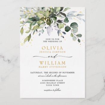 elegant eucalyptus greenery wedding gold foil invitation