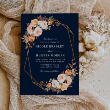 elegant fall floral navy blue geometric wedding invitation