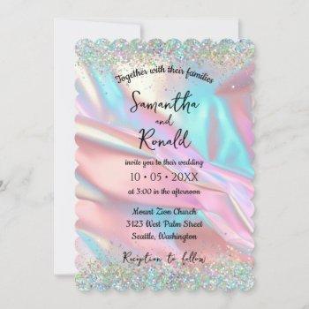 elegant faux iridescent foil and glitter wedding invitation